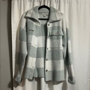 a new day Plush Plaid Teddy Jacket in Sage Green & Cream
